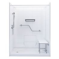 Walk-in shower stall with shower seat and grab bars